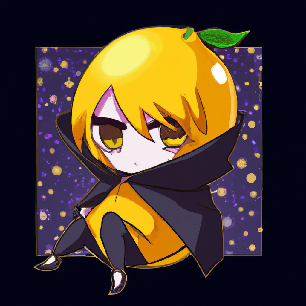 Prompt: chibi lemon, wearing a dark lemon cloak, synthwave