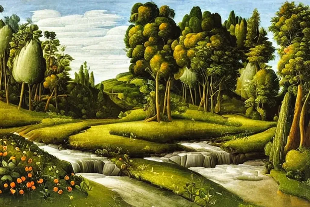 Prompt: oil painting by Botticelli a landscape of lush green fields, wildflowers, meandering stream with small waterfalls, mid-day, bright sun, blue skies, fluffy clouds