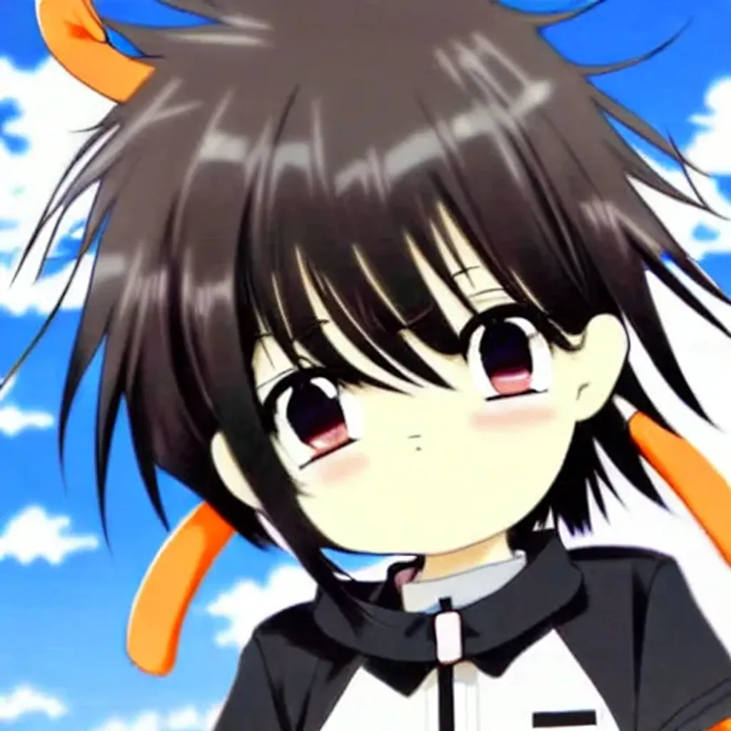 Anime boy character with black long fluffy wavy hair, wearing a