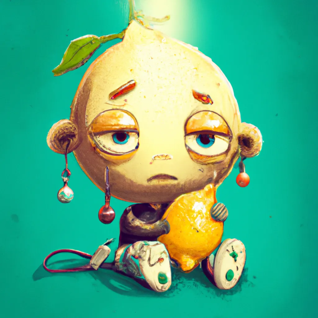 Prompt: A baby lemon character wearing genes while holding its favourite toy, digital drawing, trending on artstation