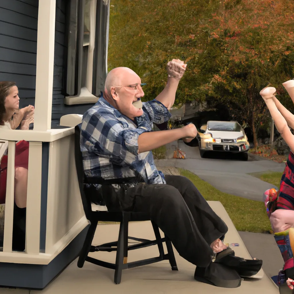 Prompt: A long shot photo of A wrinkled 70 year old angry man sitting on his porch raising his fist in the air and yelling at 3 teenagers playing in the street , in the style of Norman Rockwell 