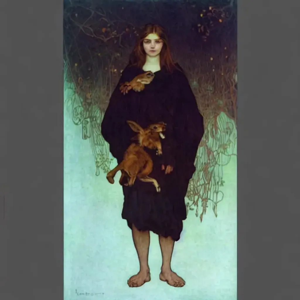 Prompt: a girl standing holding a rabbit, symmetrical face, yellow eyes, strong jawline, pale skin, freckles, detailed face, dark atmosphere, castle, ruined buildings, attractive, HDRI, masterpiece, smooth, sharp focus, illustration, golden ratio, dark robes, jewels, garden, art by Alan Lee Albrecht Durer alphonse mucha klimt