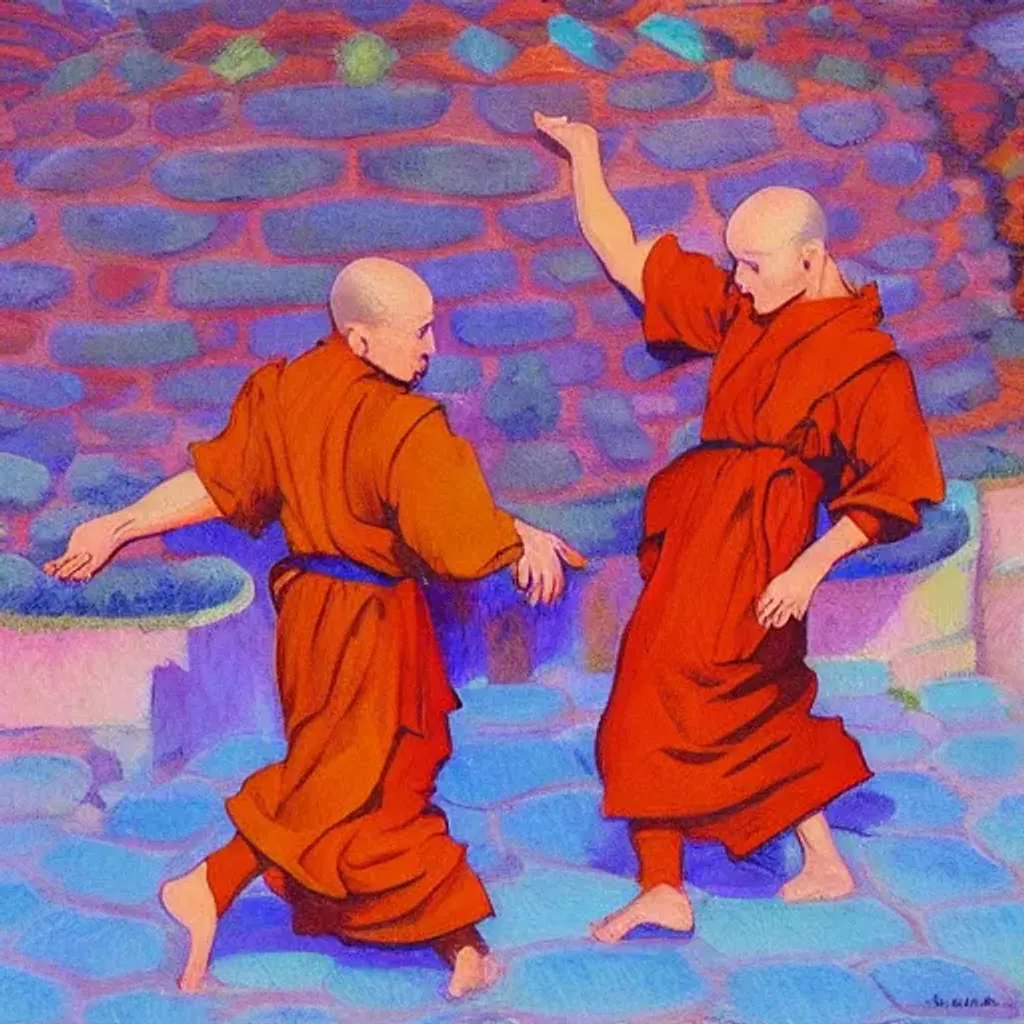 Prompt: Two monks dancing, drawing, detailed faces, artstation, ultra details, mellow colours, 2d render, Armand Guillaumin style, square image