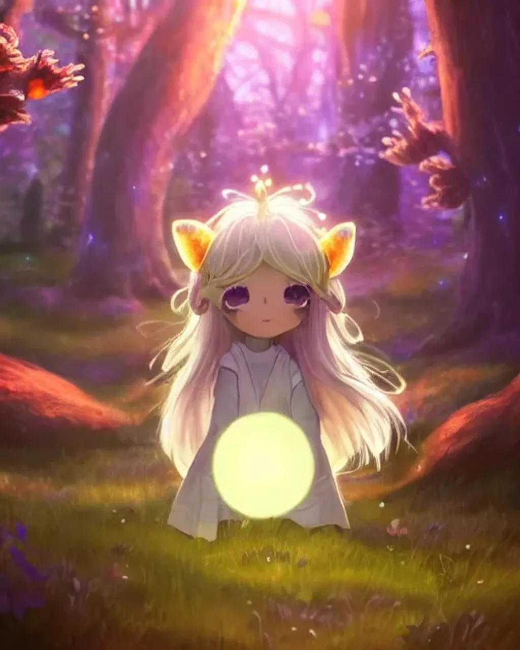 Prompt: concept character art for a cute fantasy creature made from mushrooms, large adorable anime eyes, centered, fantasy mushroom forest background, bokeh effect, magical lighting, golden hour, lens flare, pastel pink glow, beautiful glowing lights, bio-luminescence, epic fantasy, fine art, clean, polished, trending on artstation, brush strokes, smooth, sharp focus, professional concept character art by pixar, luke chueh, matt dangler