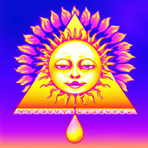 Prompt: sun with face acid trip alchemy, esoteric, hyperrealistic, vaporwave 90s ocean pyramid, Illuminati, cannabis, melting