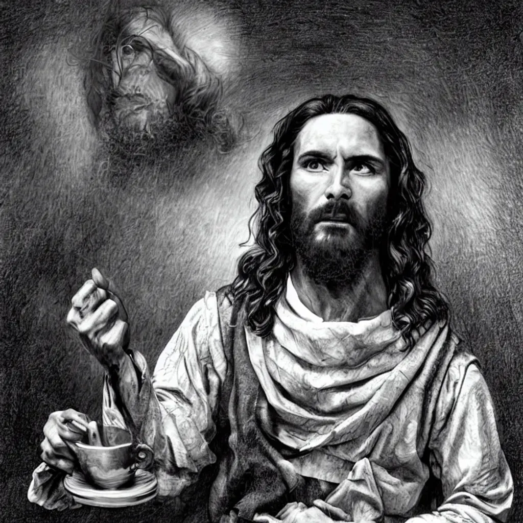 Prompt: A highly detailed realistic photo epic dramatic of the manly modern look of Jesus Christ, full body with highly perfect detailed his complete fingers, very short hair, wearing flannels,  energetic linear style, boldly accentuated realistic detail Indonesian face serving as a real barista in a coffee shop, by Gustave Courbet,  Sieger Koder, Jesuits, Andy Warhol, WLOP, Artgerm, Greg Rutkowski, Alphonse Mucha, Beautiful dynamic. 