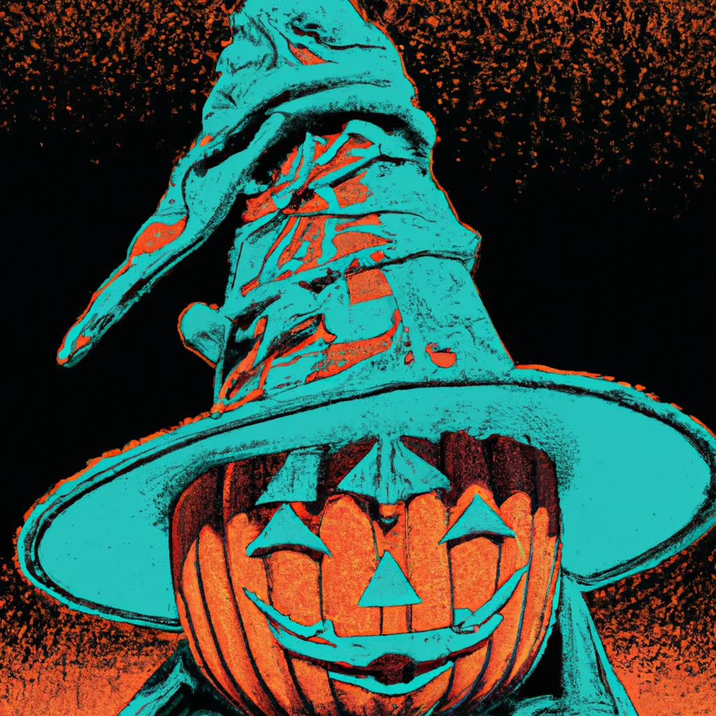 Prompt: a Ukiyo-e comic book styled vintage risograph of a lit jack-o'-lantern wearing a witch hat,4K,moody,award winning, trending on art station,goofy funny spooky scary mysterious halloween horror vibe, intricate details,digital art,incredible design