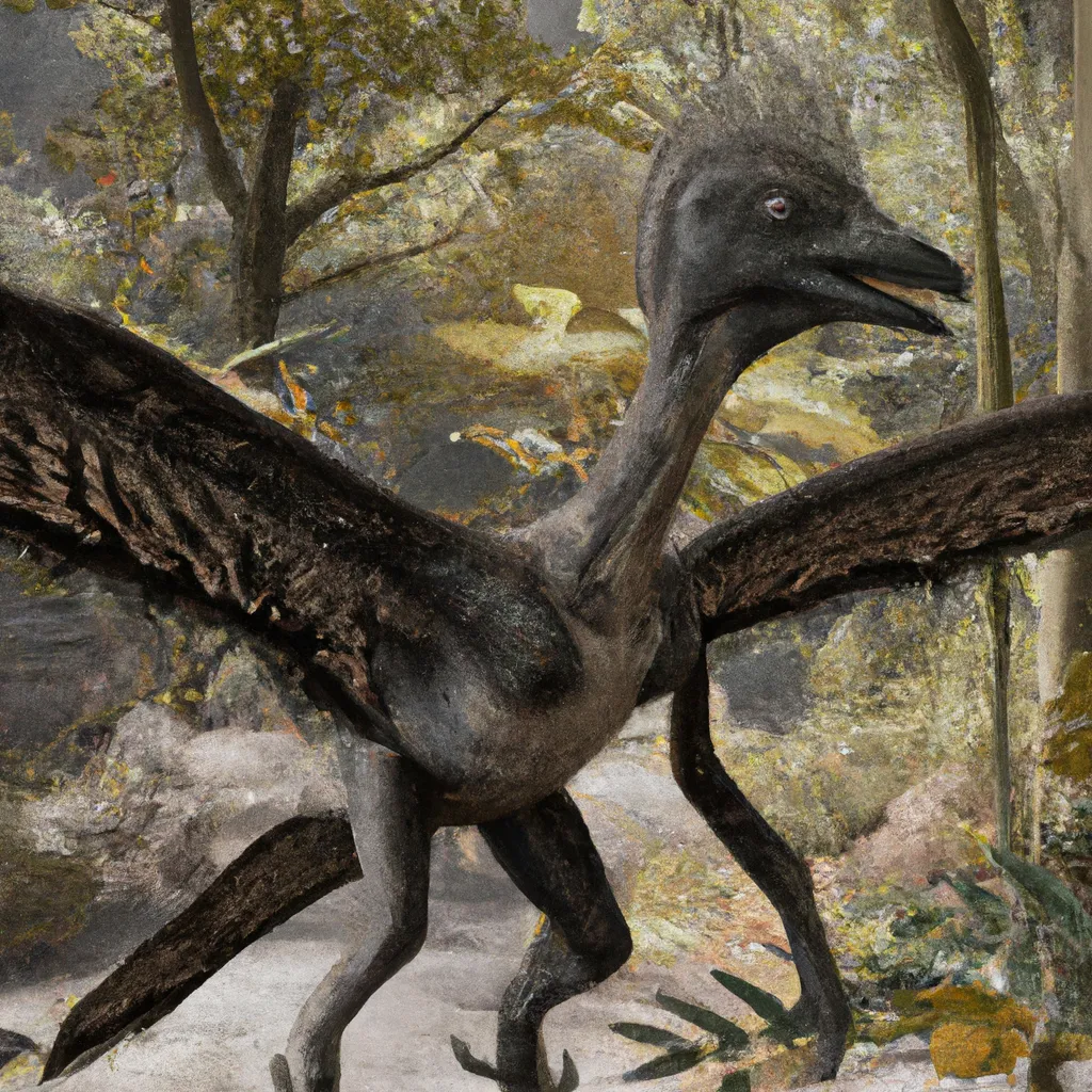 Prompt: The giant Archaeopteryx from the pre-historic era, in its habitat. Highly realistic accurate anatomical CGI representation, hyperrealistic, ZBrush sculpt, 