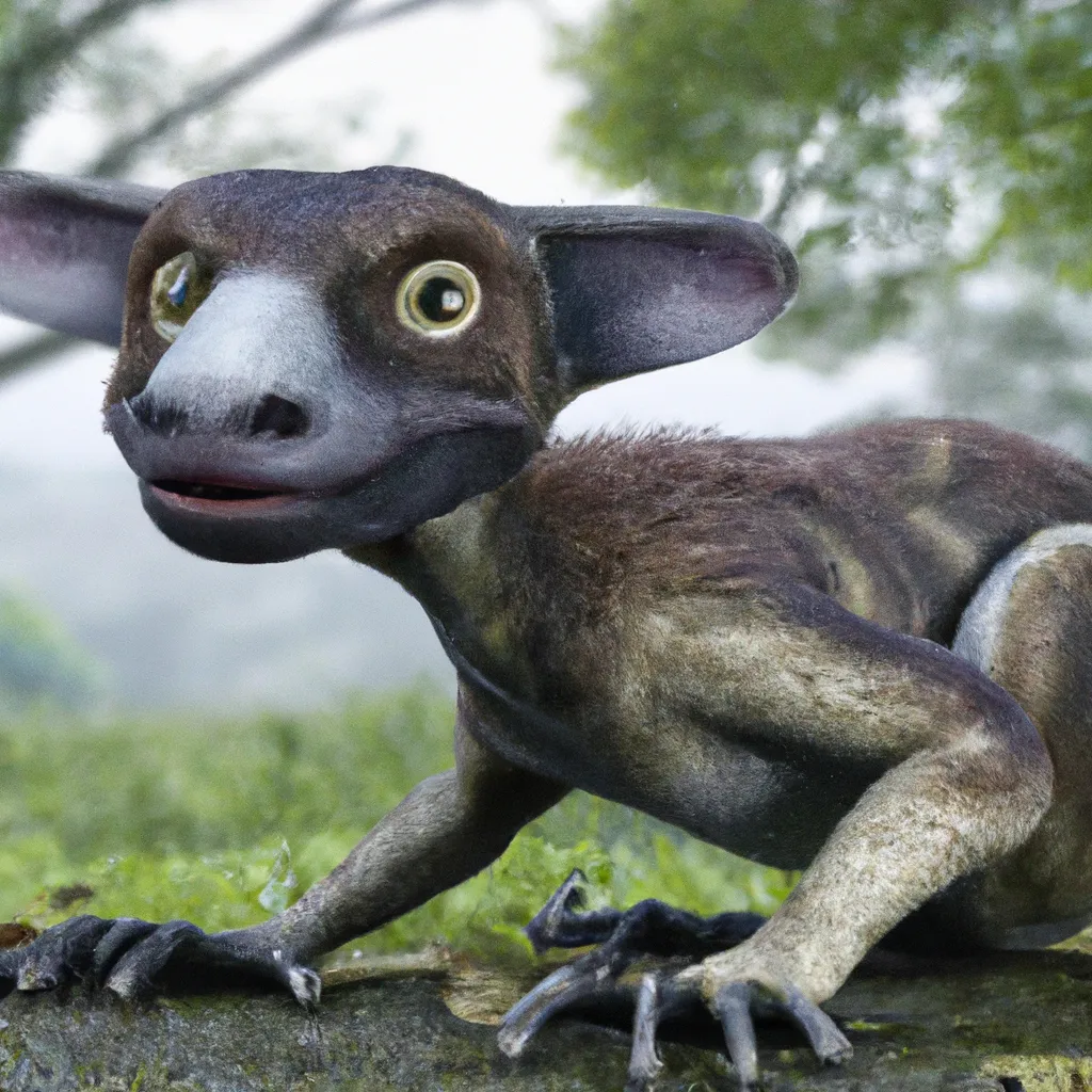 Prompt: bizarre animal, fictional strange bone and muscle structure of a dinosaur, it's chimera of Sunda Flying Lemur with a salamander body, but has macrauchenia's trunk and it's beak is similart to the duck-billed platypus . amazing, warning coloration skin,  pre-historic, Full shot, Long shot, speculative evolution. Highly realistic, accurate anatomically correct paleoart, ultra-realistic CGI representation,  hyperrealistic, award-winning wildlife photography,  4k, trending on artstation, staged photography , scientifically correct