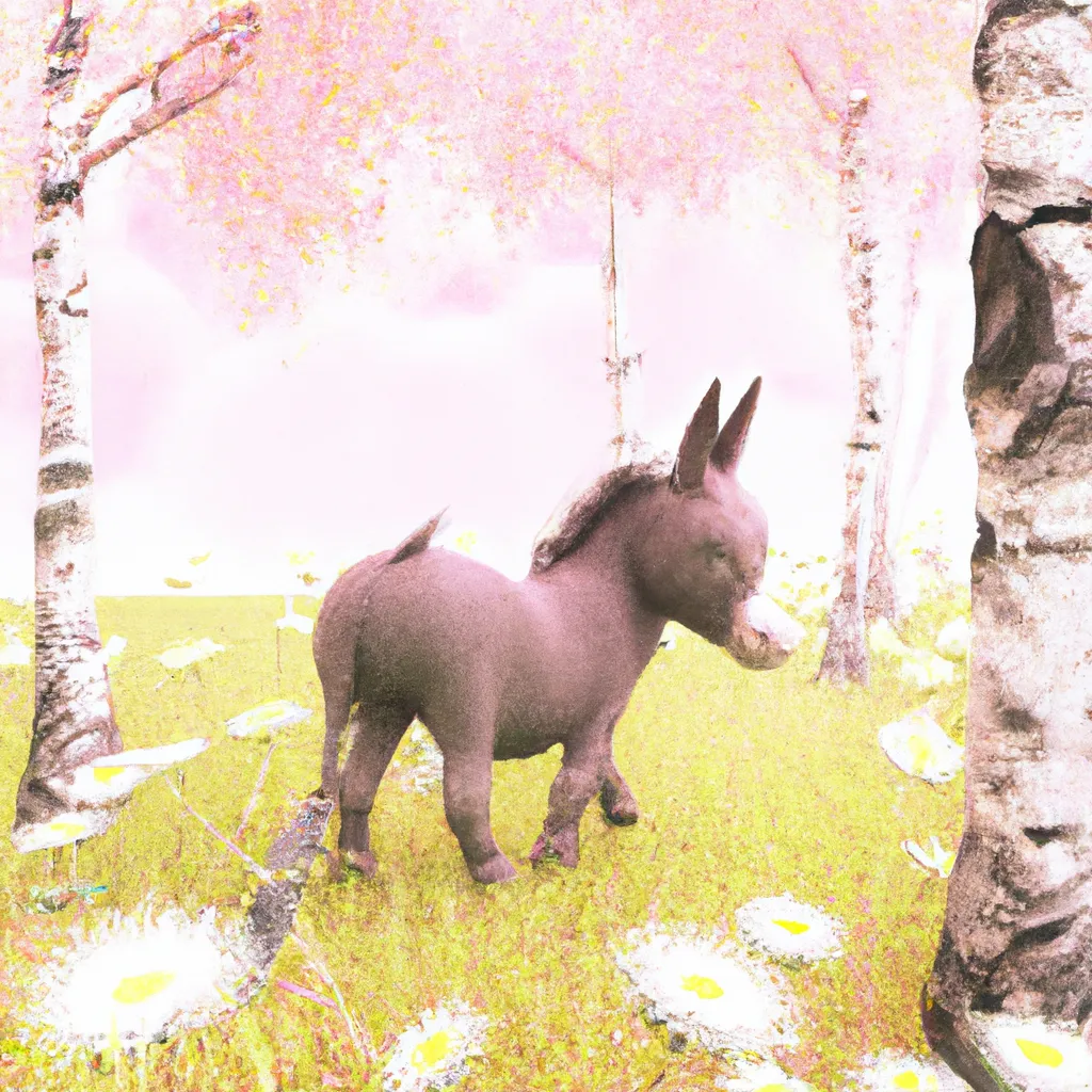 Prompt: a cute fuzzy donkey, adorable, in a field of flowers, birch trees, anime, animated, animation, scenic, beautiful, soft light, gold and pink light, key visual