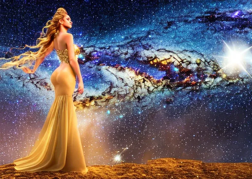 Prompt: high definition digital photo portrait of an ethereal beautiful sparkling gold space goddess on a background of starsdust and clouds in the milky-way, cinematic colors, cinematic atmosphere, fantastic fantasy imagery, award-winning cgi, blender, photorealistic 