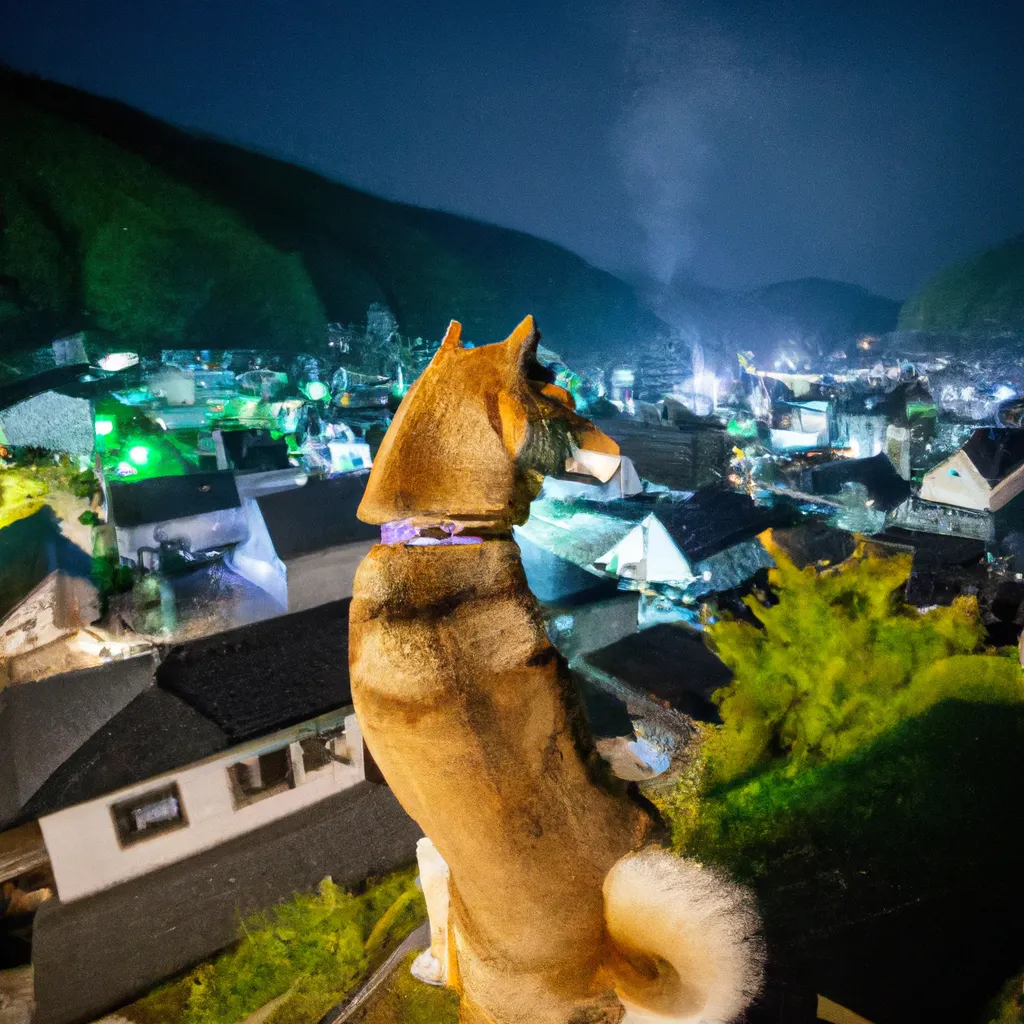 A giant Shiba inu taking care of a little town. The... | OpenArt