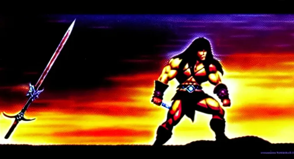 Prompt: Conan the Barbarian in the style of Yoshitaka Amano