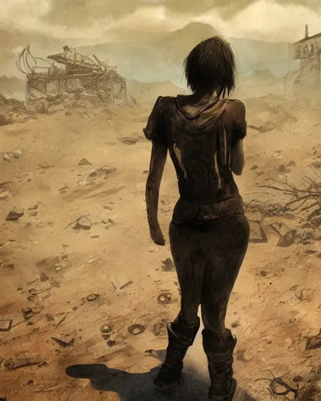 Depressed Girl in wasteland with broken mechanical a... | OpenArt