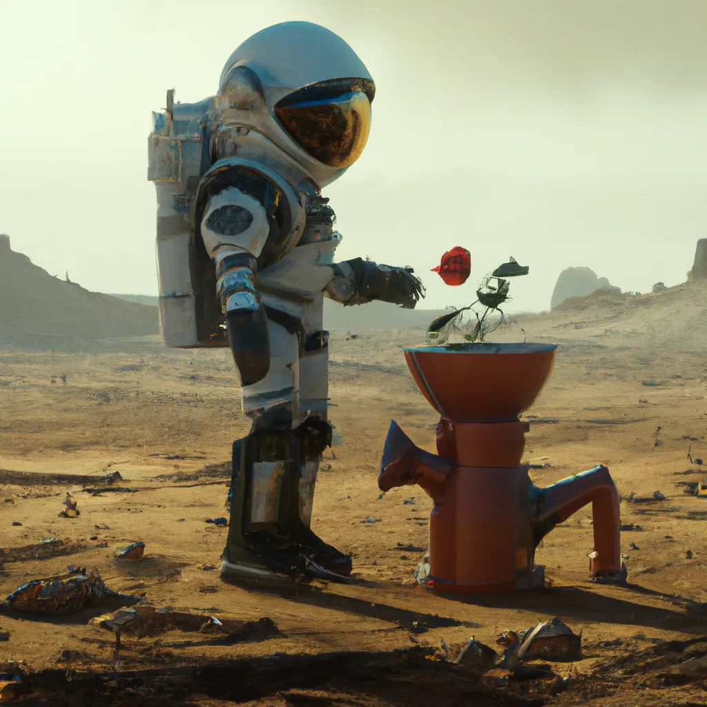 Prompt: 🙂 cute adorable boy astronaut, watering a rose using watering pot, in the junk wasteland on mars, light in Octane Render