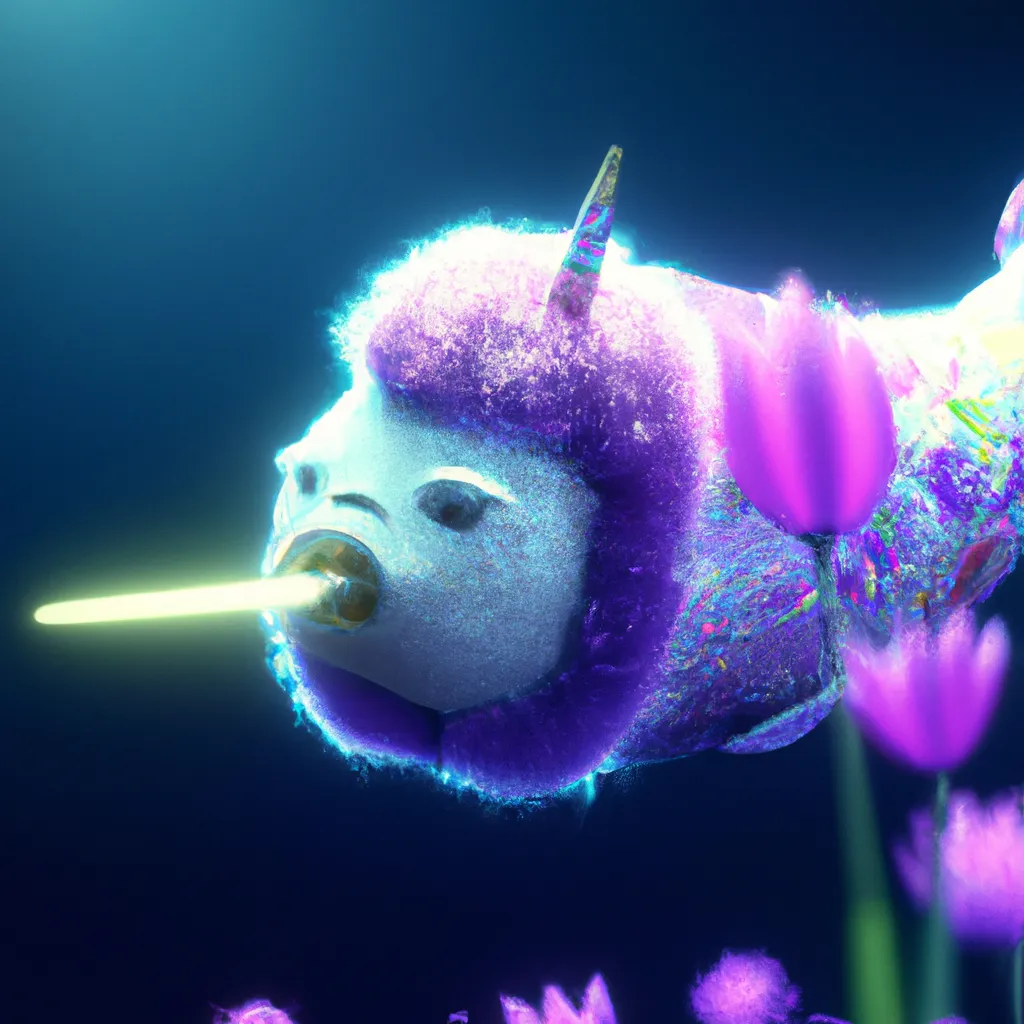 Prompt: Curvaceous Light bending cute furry narwhal  covered in halogenic Nuclear flowers in the style of Bruce Pennington, Dali, Munch, Escher, Klarwein, Yamamoto, Hattori, Leyendecker, Mullins, Magritte | muted desaturated tones | dark background | ultra sharp focus | 3d octane render artstation trending 8k unreal engine | Avatar movie| Disney Pixar Dreamworks 