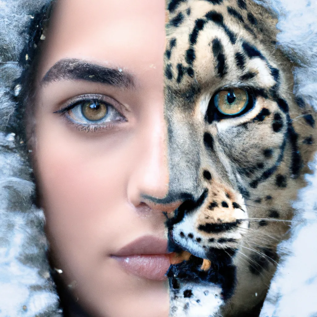 Prompt: A photo of a cute young woman's head combined with a 3D render of a hybrid snow leopard head. Epic film poster style.