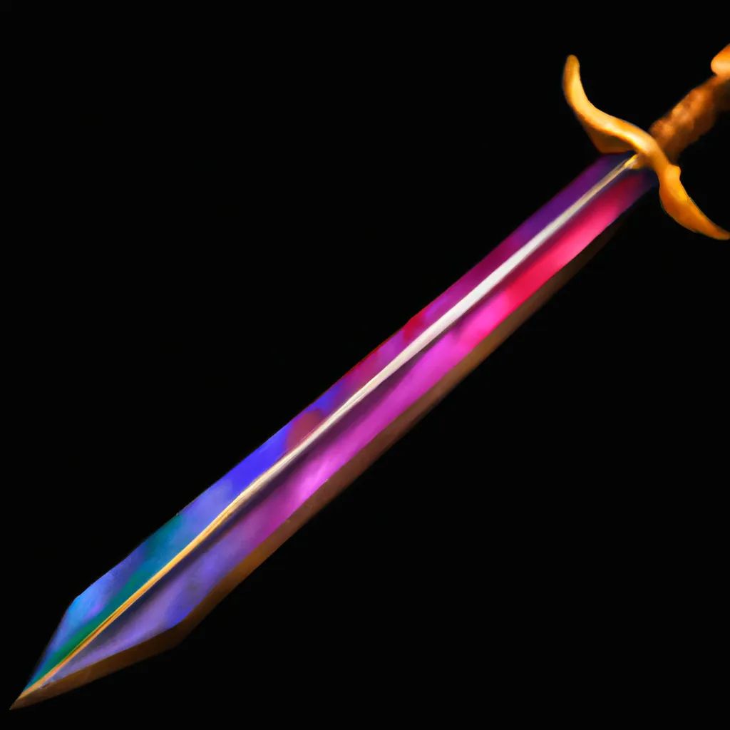 Prompt: Digital painting high fantasy RPG item icon diagonal view of a sword in black background RPG icon from World of Warcraft and League of Legends digital artwork by Greg Rutkowski trending on artstation HQ high-quality, vivid and vibrant colors, hard shadows, volumetric lighting