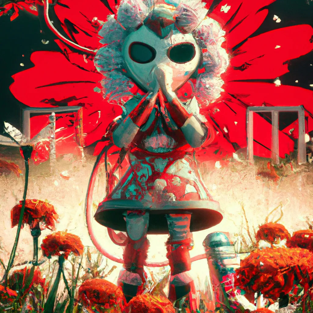 Prompt: a Ukiyo-e comic book styled vintage risograph of a adorable lit Dia de Los muertos Girl wearing a gasmask and hazmat suit,red spider lilies bloomin,bubbles,eclipse,4K,moody,award winning, trending on art station,goofy funny spooky scary mysterious halloween horror vibe, intricate details,digital art,incredible design,emotive,unreal engine 5 render,octane render,dia de Los muertos