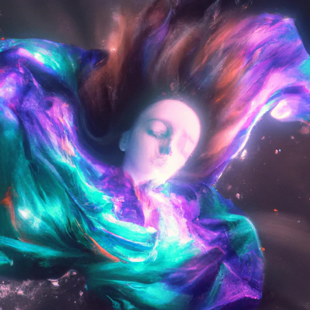 Prompt: Space Nomad, Starry Cloak, Nebula Hair In Endless Void, Astral Currents, Cosmic Waves | 8K, Hdr, Fantasy, Techno-Pop, Dn, soft color palette, Karol Bak 