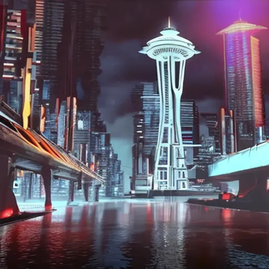 Prompt: A cyberpunk city in the art style of blade runner 2022, HD Hyperrealism, Photorealistic 4k HD, Seattle Space Needle