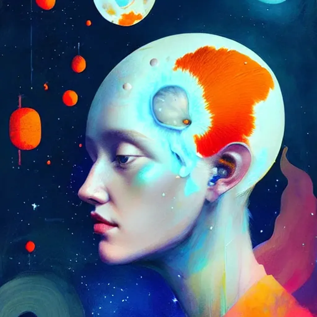 Prompt: Digital portrait by Ryan Hewett, Beautiful woman with orange hair, mushrooms growing out of her hair, hq, fungi, celestial, portrait, victo ngai, moon mushrooms, galaxy, moon, stars 