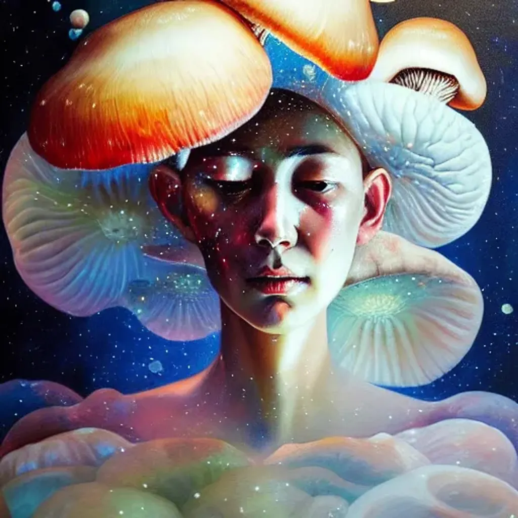 Prompt: Oil painting portrait by Ryan Hewett, Beautiful woman crying mushroom shaped tears, mushrooms, victo ngai, hq, fungi, celestial, moon, galaxy, stars 