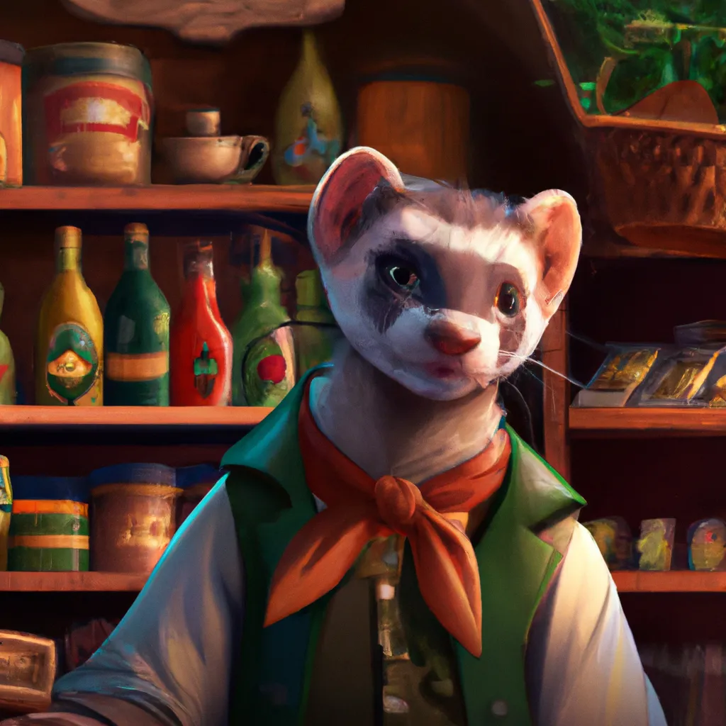 Prompt: male dressed as furries, ferret fursona bust portrait shopkeeper with shelves, smiling with wares, tiny hat and bow tie, trending on artstation, ilse gort, caraid, Vekke, blackteagan, green forest maple tree background, character design, anthropomorphic, dramatic lighting, 8k, portrait, realistic, fine details, photorealism, cinematic, intricate details, cinematic lighting, photo realistic 8k