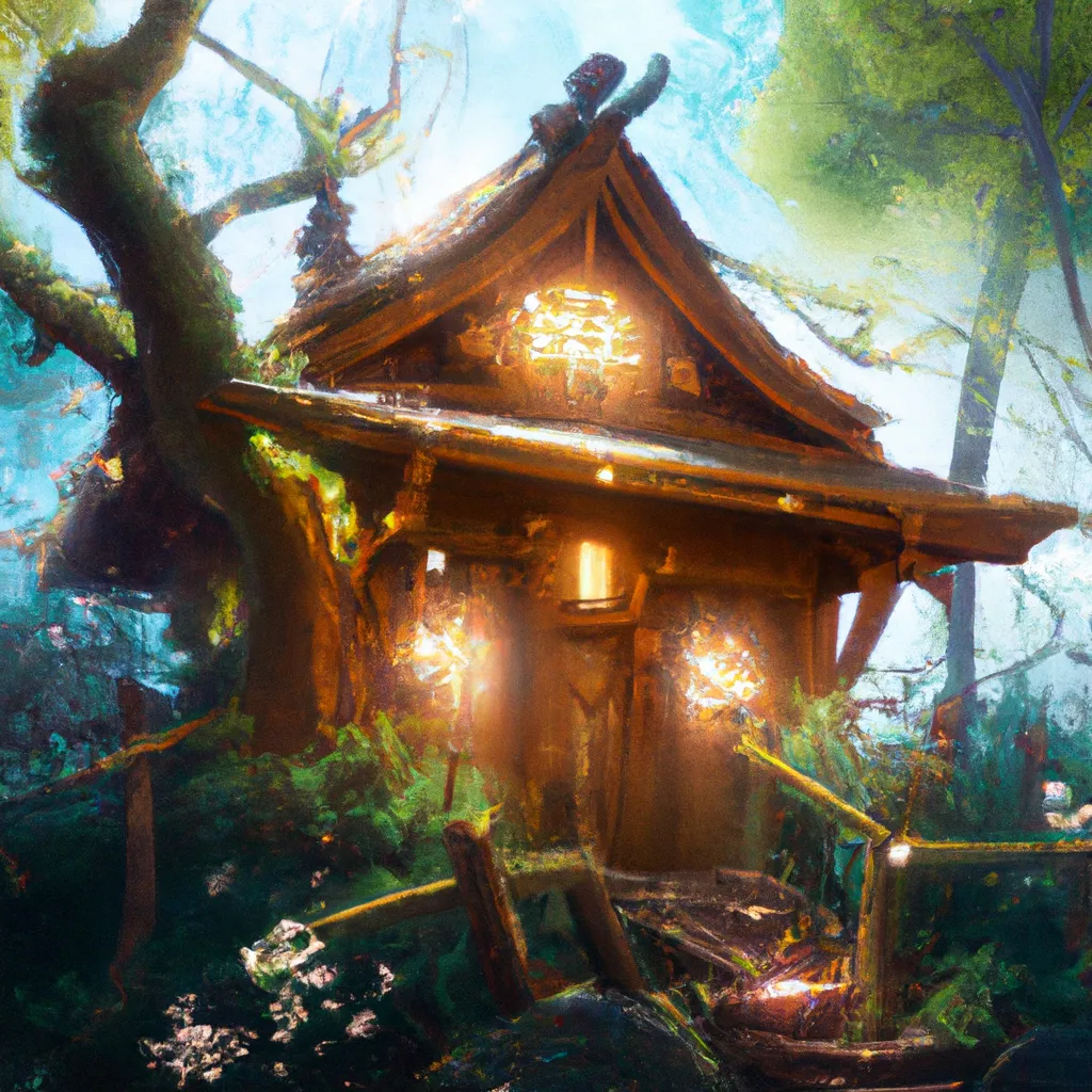 Prompt: Japanese house made out of light wood in enchanted forest, fantasy digital art