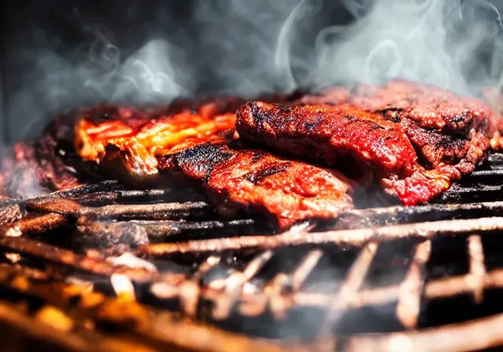 food photography of delicious smokey meat on a bbq d...