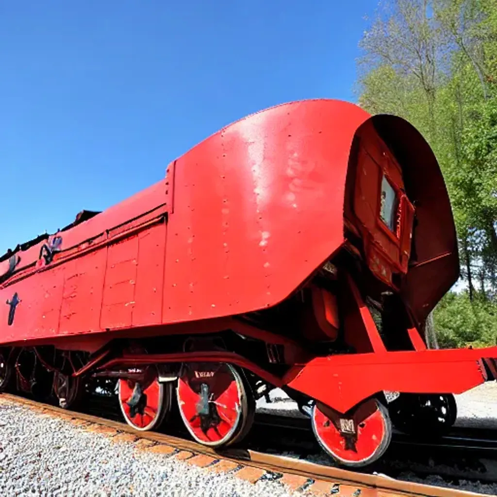 Prompt: The Cossack the armored train of Soviet civil war which had many machine guns and cannons attaches to it. And it had a bright red color.