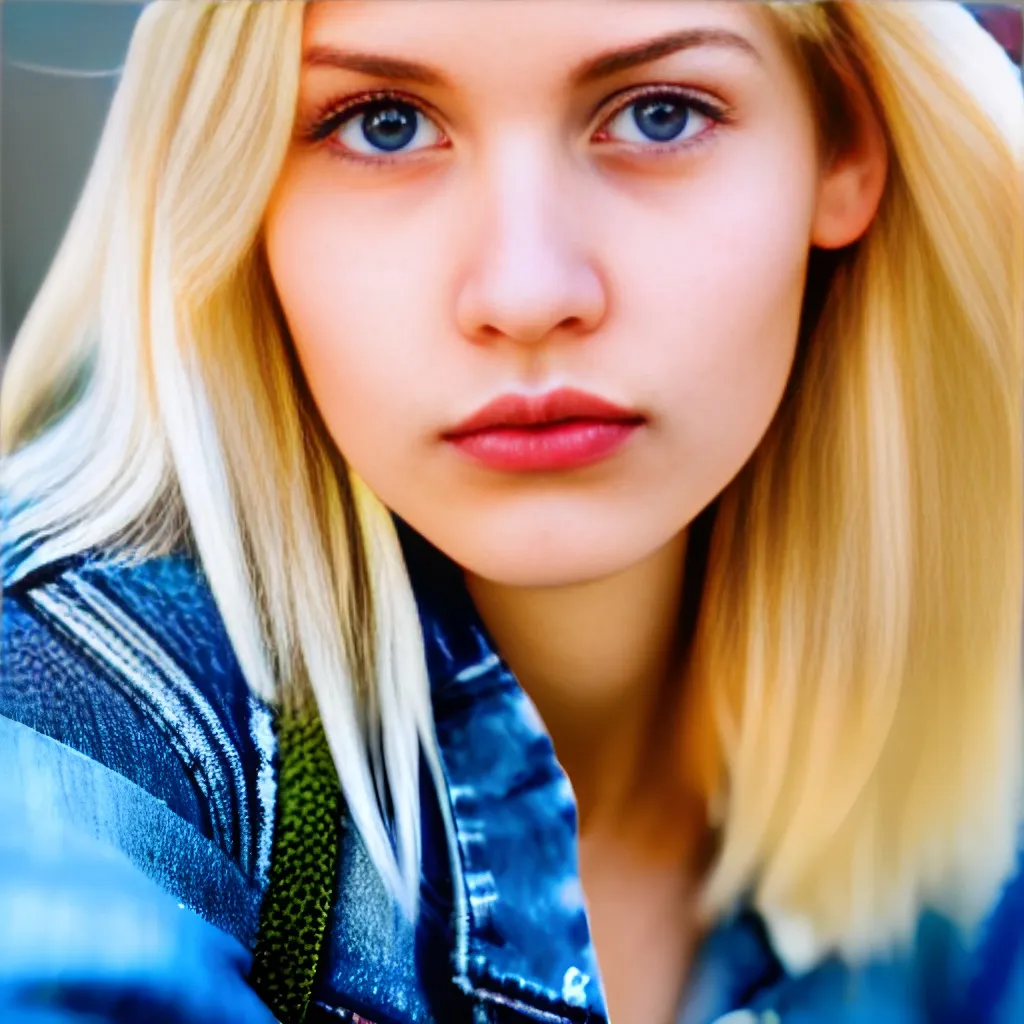 Prompt: portrait of a beautiful blonde girl, canon m50, close-up, focused