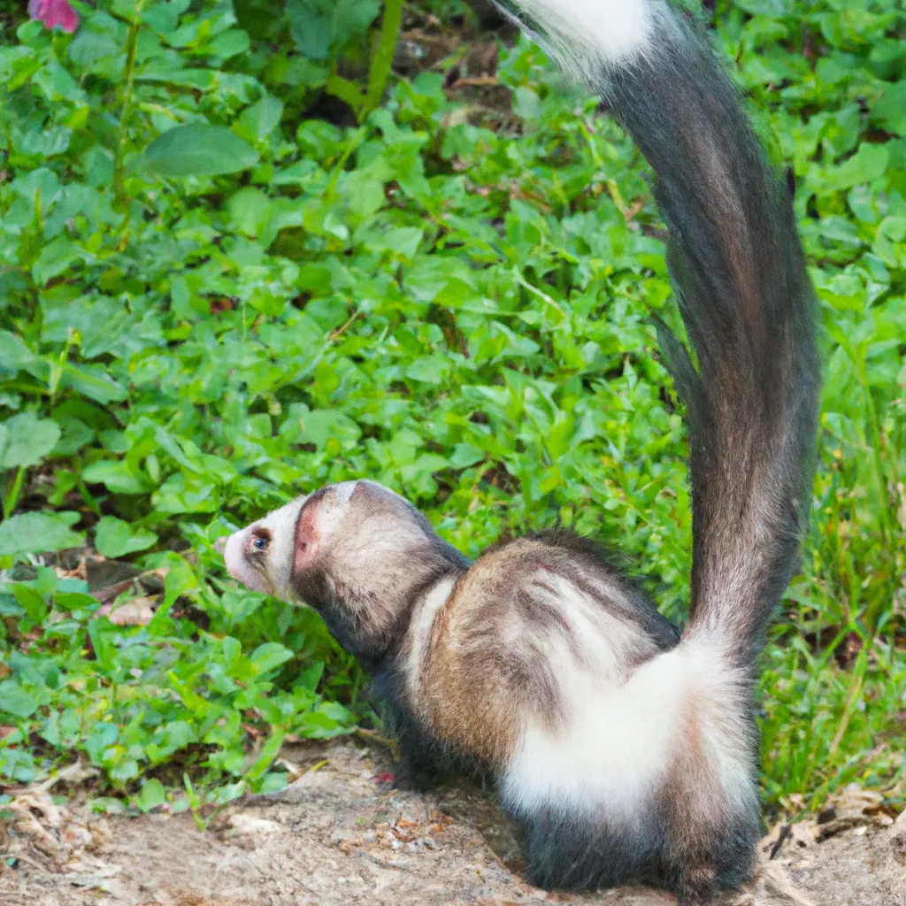 Prompt: ferret skunk hybrid with fluffy skunk tail ready to spray