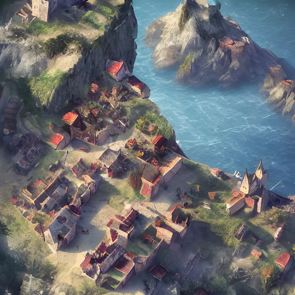Prompt: medieval village. scattered houses. aerial shot. cliff. near a sea. blueprints. trending on artstation. the witcher.