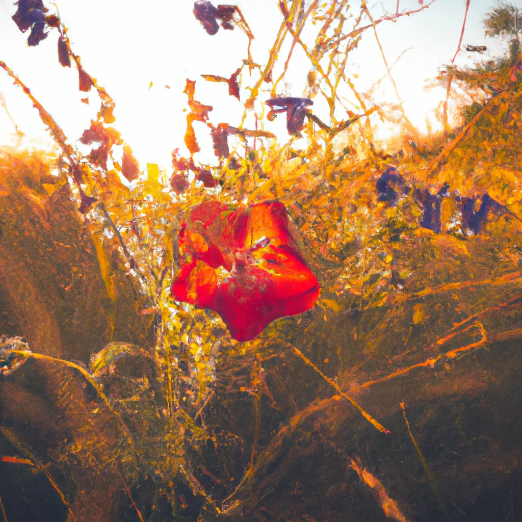 Prompt: A red flower in a field with blue flowers, Bokeh, Golden Hour, Camcorder Effect, Ultra-Wide Angle, Lens Flare, Colorful, Light Mode, Excited