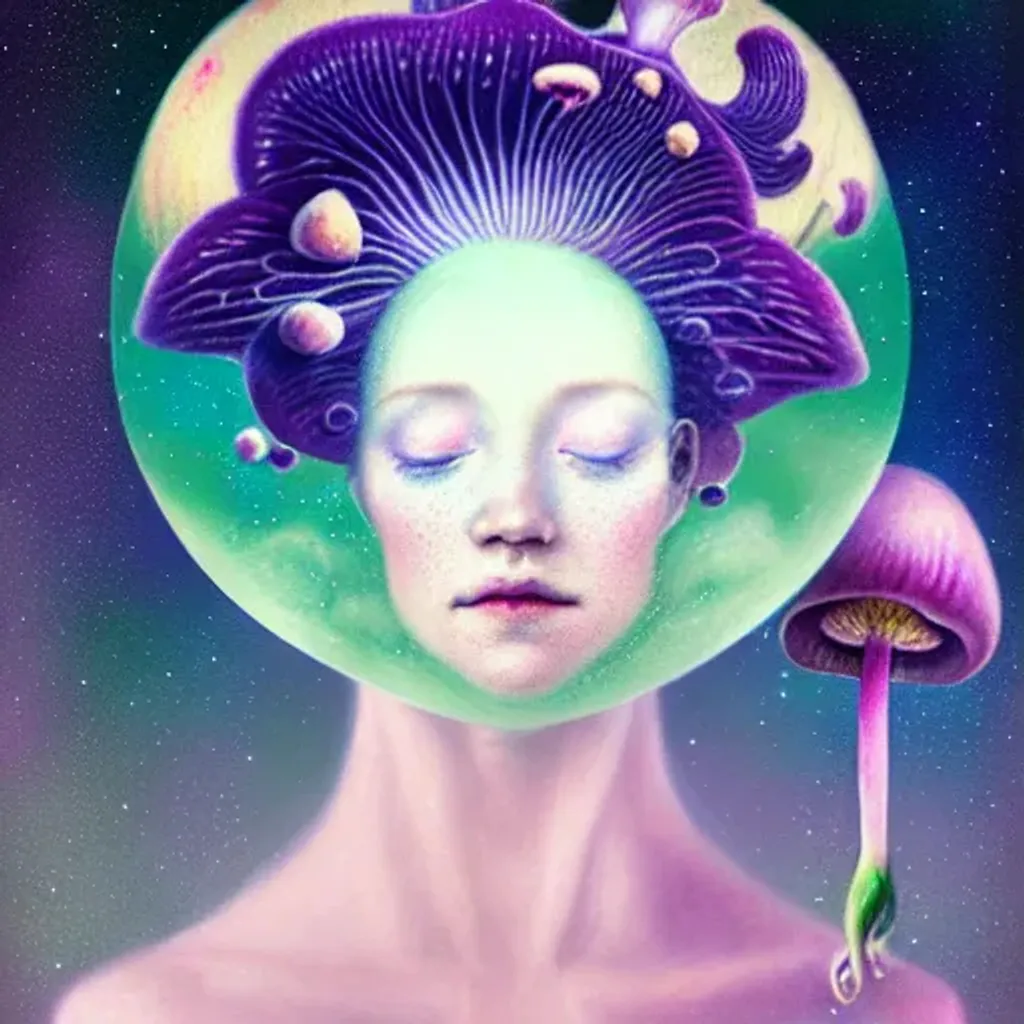 Prompt: Pastel chalk rococo portrait, Beautiful orchid woman, mushrooms, stars, planets, hq, fungi, celestial, moon, galaxy, stars, victo ngai, Ryan Hewett 