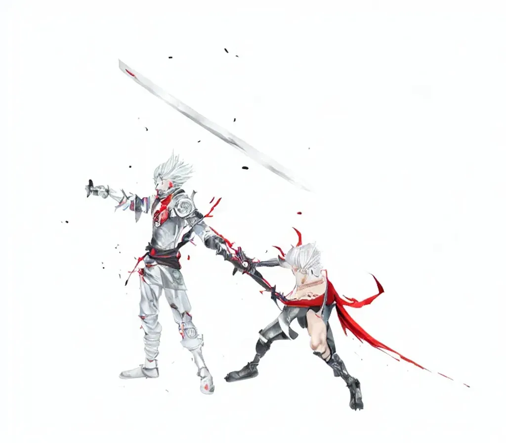 Prompt: anime boy with silver hair and a red sword with black scarf killing a anime villain with a red mask, standing scary, black cape,  belts and straps, red eyes, particle effects on a white sword,  a smooth, sharp focus, illustration, Unreal Engine 5, 8K, Greg Rutkowski