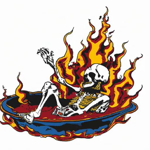 Prompt: skeleton taking a bath in flames of fire, tattoo art, tattoo style, 