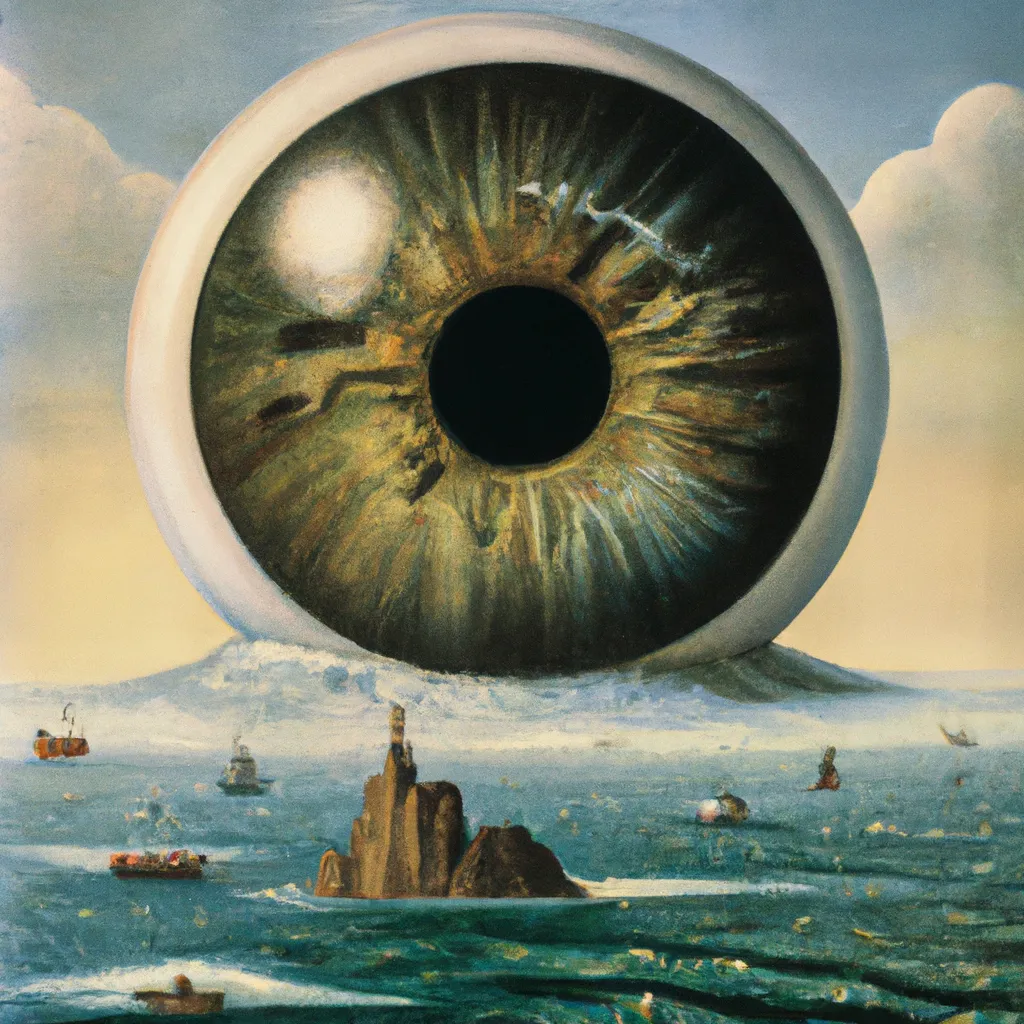 Prompt: Giant scary eye watching a ship in ocean, painting by Zdzisław Beksiński 