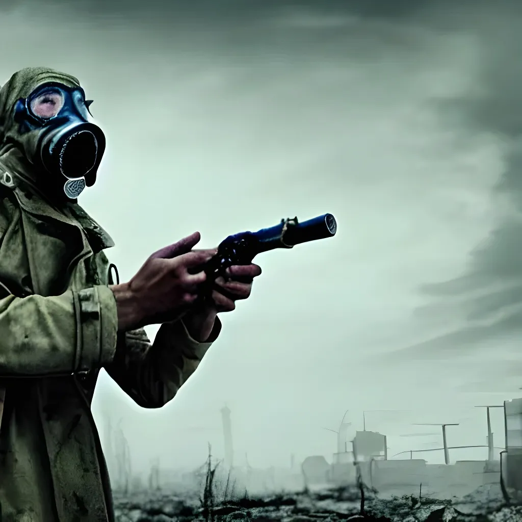 Prompt: Male Survivor wearing a gas mask,a backpack and a trench coat roaming around a post apocalyptic rotting wasteland, Stalker, chernobyl, radiation, extreme long shot, HD quality, paint, by HR Giger