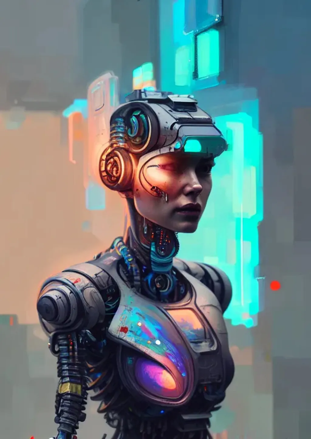 Prompt: a stunning face and shoulder portrait of a female Cyborg wearing blinky Combat gear standing on a street, an intricate and hyperdetailed painting by Ismail Inceoglu and Dan Witz, fantasy art, deep colors, ZBrush Central, CGSociety, midjourney, polished, 8k, trending on Artstation