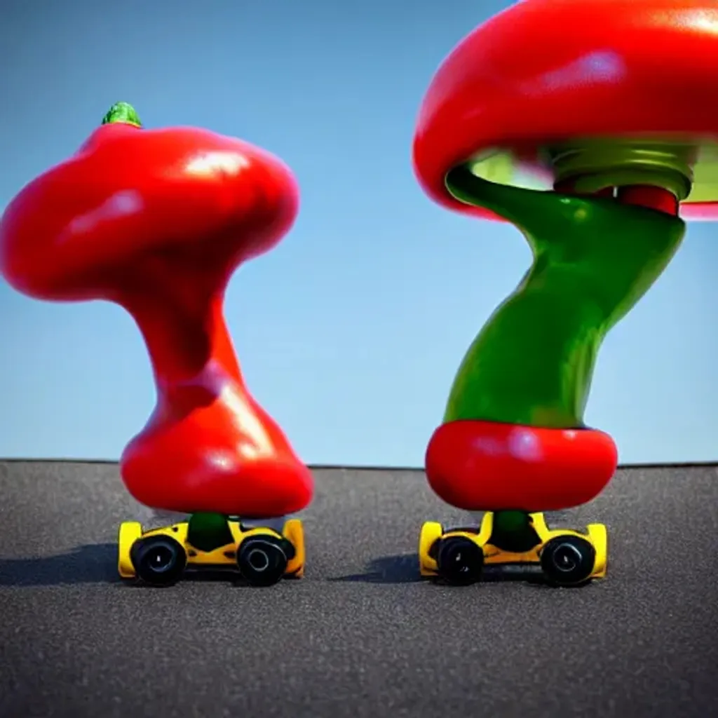 Prompt: Two race cars of anthropomorphic hot chilis peppers, one red and one green, skateboarding| Giant Cosmic mushroom  | cute girl | in the style of Bosch | perfect exposure | soft muted colors desaturated | 3d render | octane lighting | dream fantasy | centered | octane render artstation trending 8k ultra-detailed  | sharp focus golden ratio | Disney Pixar Dreamworks 