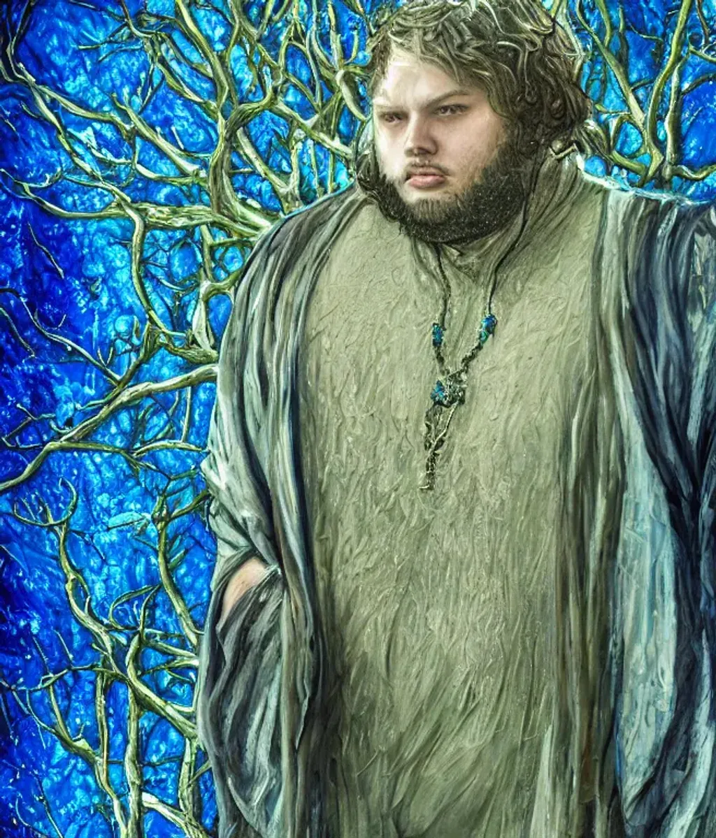 Prompt: Beautiful, samwell tarly in lapis lazuli  armored robes, touching a glowing tree, full-length portrait, luminous, iridescent, intricately textured, enigmatic, exotic, bronze, magestic beard, glowing runes, dark fantasy, highly detailed, art station, hyperrealism, digital art, masterpiece, 8k, dynamic lighting, dramatic, photo-realistic, Rutkowski, Gaston bussiere, craig mullins, j. c. leyendecker, filipe pagliuso, Waterhouse, justin gerard, artgerm, cgsociety