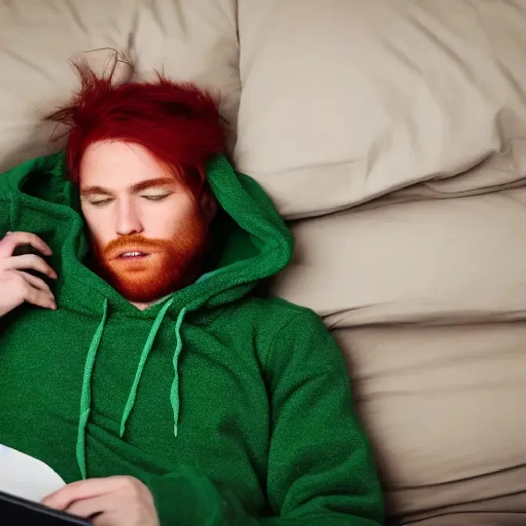 Prompt: red haired man, green hoodie, sleeping on green sofa with a brown blanket
