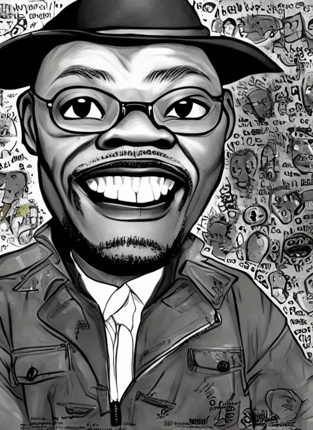 Prompt: big head tiny body Samuel L. Jackson, big head tiny body, big smile, comic style, caricature style, intricate, vivid color, highly detailed,  cinematic, digital art, sharp focus, trending on art station, 