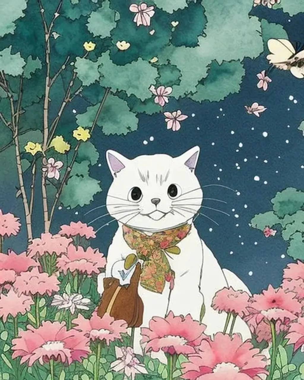 Prompt: anime illustration of nekobasu by hayao miyazaki, happy, manga, flowers, beautiful, cute, detailed, studio ghibli, Yoshitaka amano, watercolor, Ismail Inceoglu, M.W. Kaluta