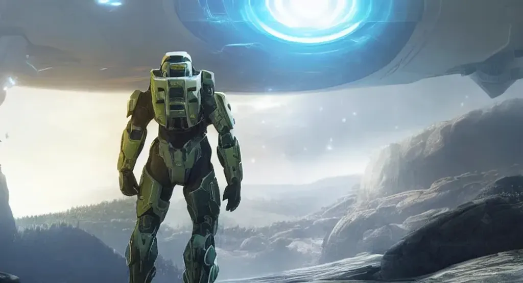 Prompt: Halo infinite spartan looking at energy spiral over crashed spaceship, realistic