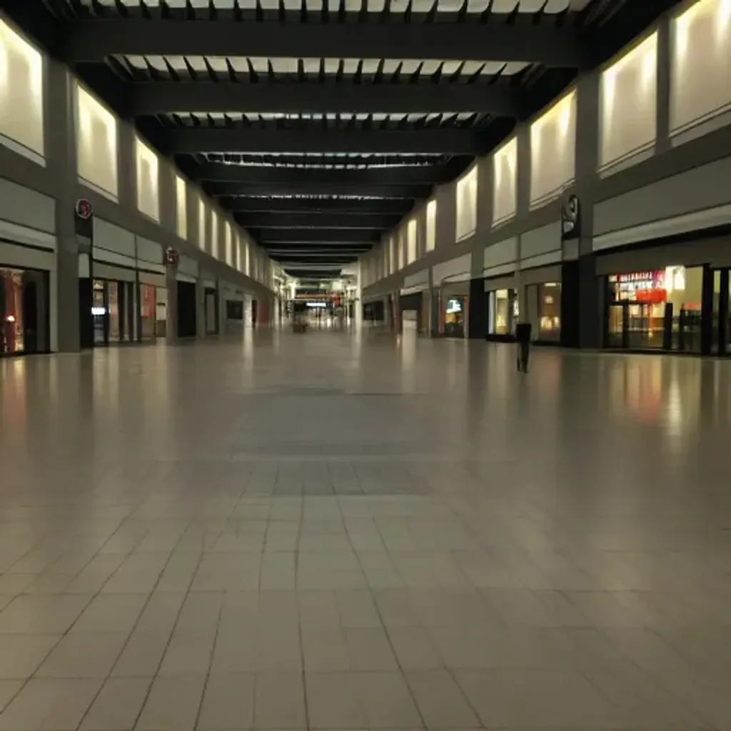 Prompt: liminal empty modern mall at night, with creepy people