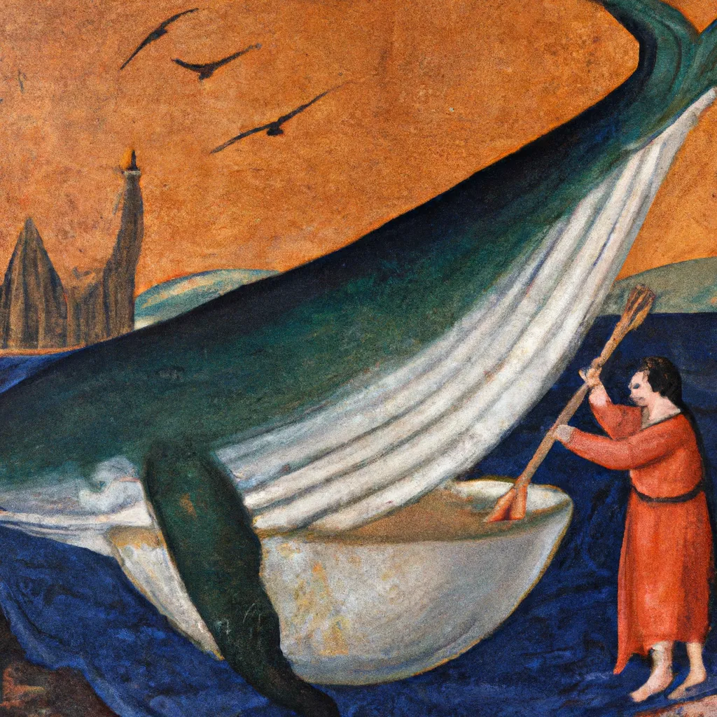 Prompt: oil painting of a whale being scooped up in a spoon by a colossal figure, medieval Rhome