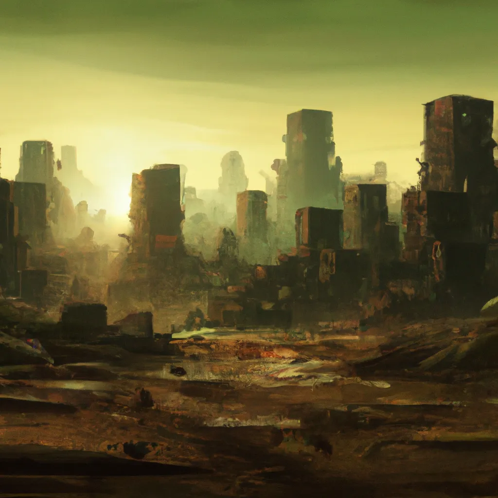 Prompt: Landscape of the nuclear wasteland of, down-town, city, concept art by Ray Lederer, fallout concept art, wallpaper, trending on art station, green nuclear radiation particles, dark atmosphere, highly detailed, 32k 